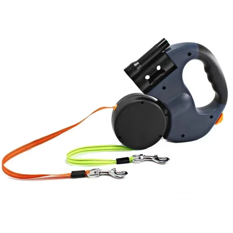 CurliPaws Dual Retractable Dog Leash — 360° Tangle-Free Double Pet Walking Chain with Built-in LED Flashlight and Poop Bag Dispenser