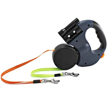 CurliPaws Dual Retractable Dog Leash — 360° Tangle-Free Double Pet Walking Chain with Built-in LED Flashlight and Poop Bag Dispenser