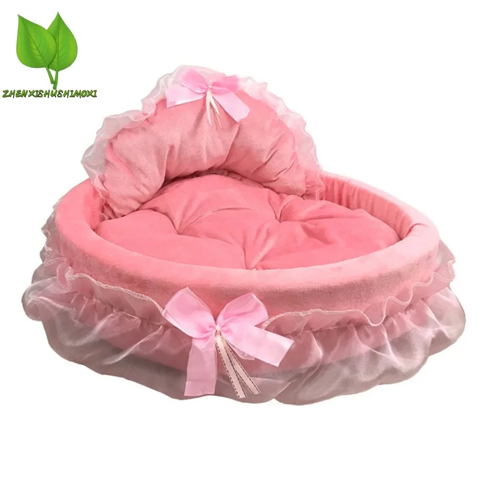3D Fantasy Bow Lace Pet Bed for Dogs Romantic Detachable Oval Princess Pet Bed Dog Soft Sofa Nest Pet Wedding Furniture 1Pc