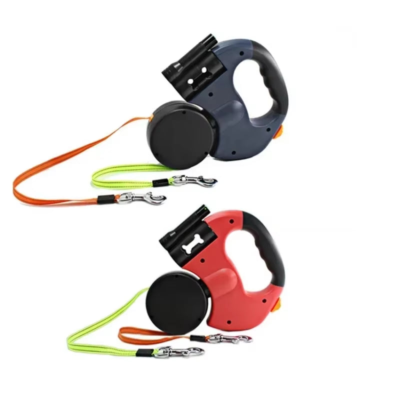 CurliPaws Dual Retractable Dog Leash — 360° Tangle-Free Double Pet Walking Chain with Built-in LED Flashlight and Poop Bag Dispenser
