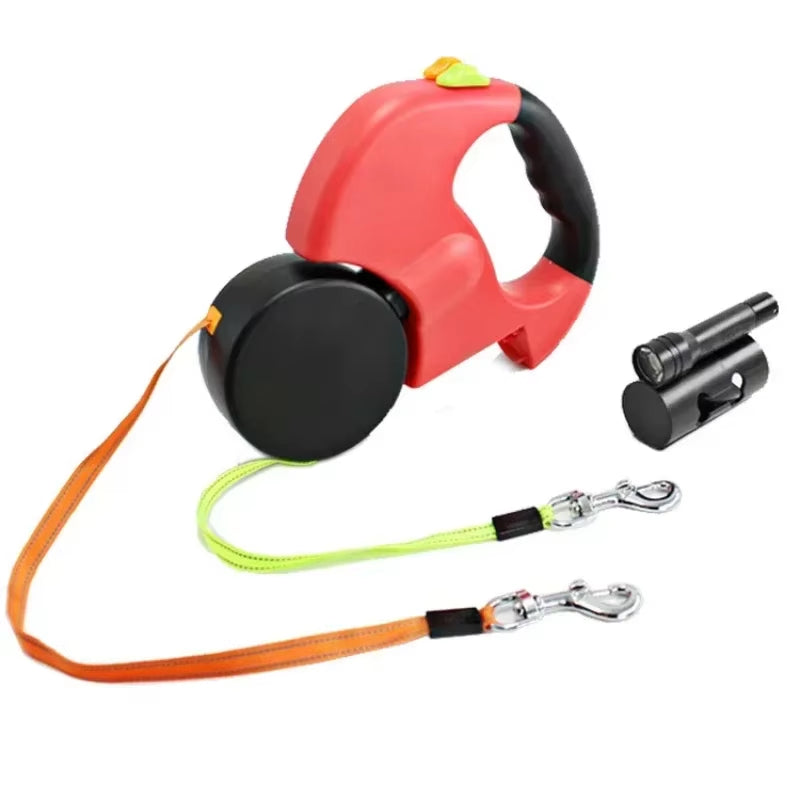 CurliPaws Dual Retractable Dog Leash — 360° Tangle-Free Double Pet Walking Chain with Built-in LED Flashlight and Poop Bag Dispenser