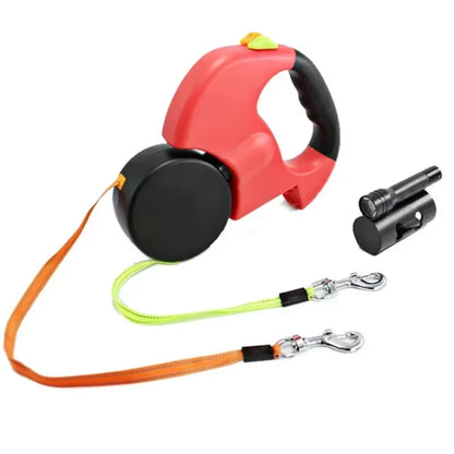 CurliPaws Dual Retractable Dog Leash — 360° Tangle-Free Double Pet Walking Chain with Built-in LED Flashlight and Poop Bag Dispenser