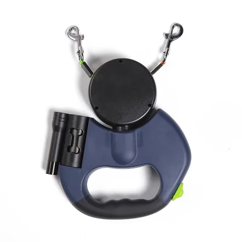 CurliPaws Dual Retractable Dog Leash — 360° Tangle-Free Double Pet Walking Chain with Built-in LED Flashlight and Poop Bag Dispenser