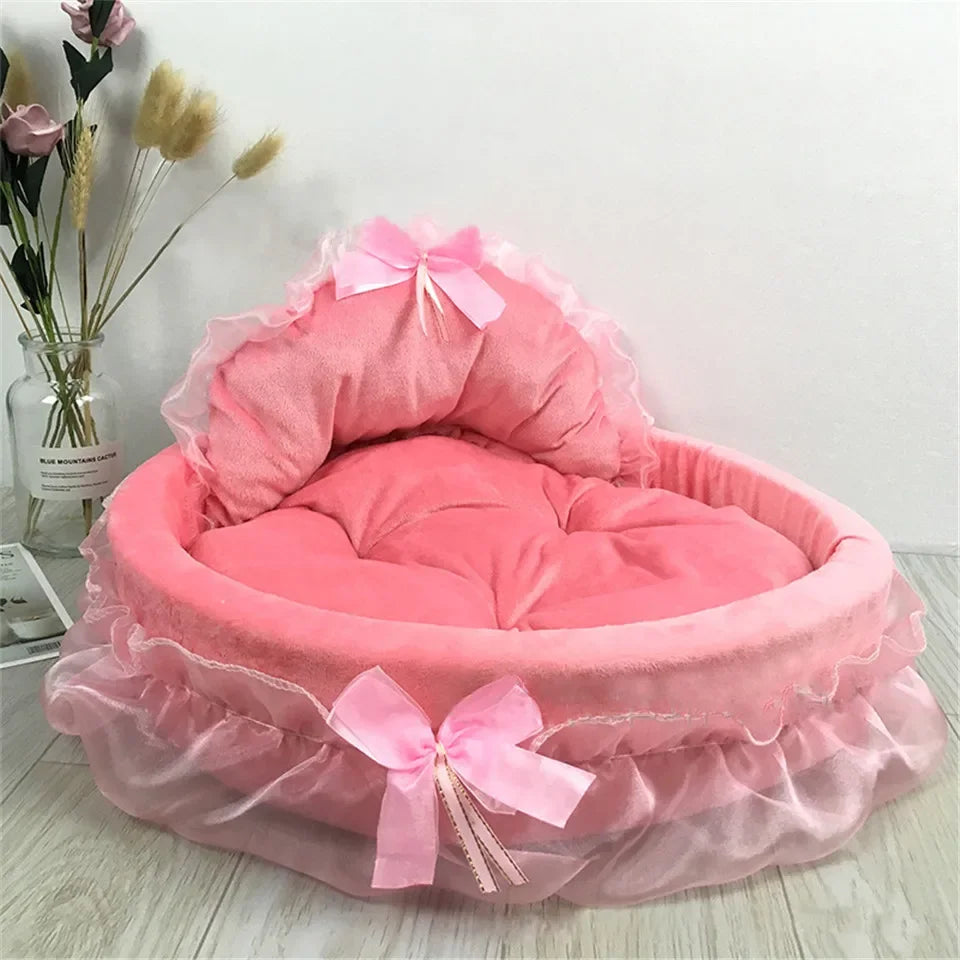 3D Fantasy Bow Lace Pet Bed for Dogs Romantic Detachable Oval Princess Pet Bed Dog Soft Sofa Nest Pet Wedding Furniture 1Pc