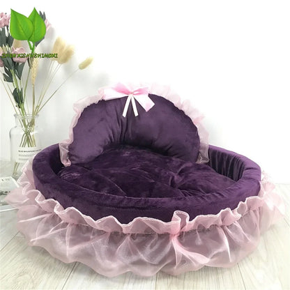 3D Fantasy Bow Lace Pet Bed for Dogs Romantic Detachable Oval Princess Pet Bed Dog Soft Sofa Nest Pet Wedding Furniture 1Pc
