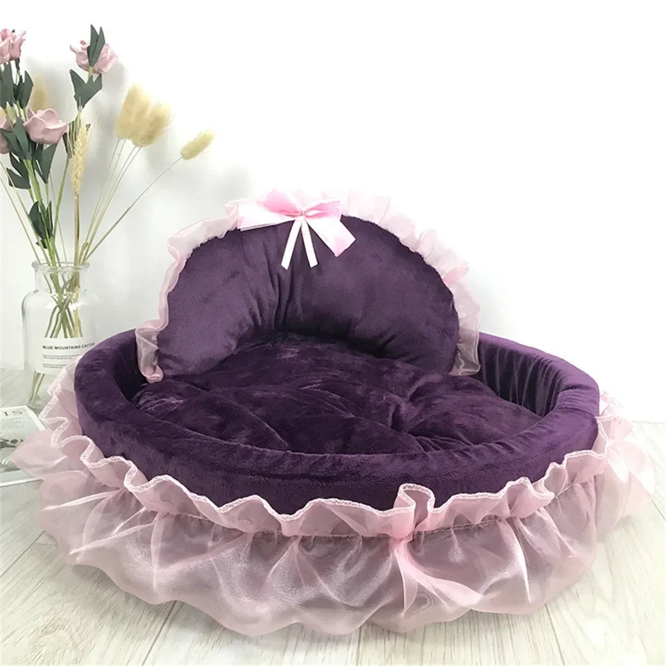 3D Fantasy Bow Lace Pet Bed for Dogs Romantic Detachable Oval Princess Pet Bed Dog Soft Sofa Nest Pet Wedding Furniture 1Pc