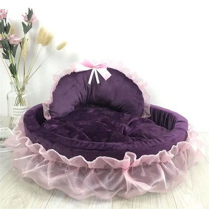3D Fantasy Bow Lace Pet Bed for Dogs Romantic Detachable Oval Princess Pet Bed Dog Soft Sofa Nest Pet Wedding Furniture 1Pc