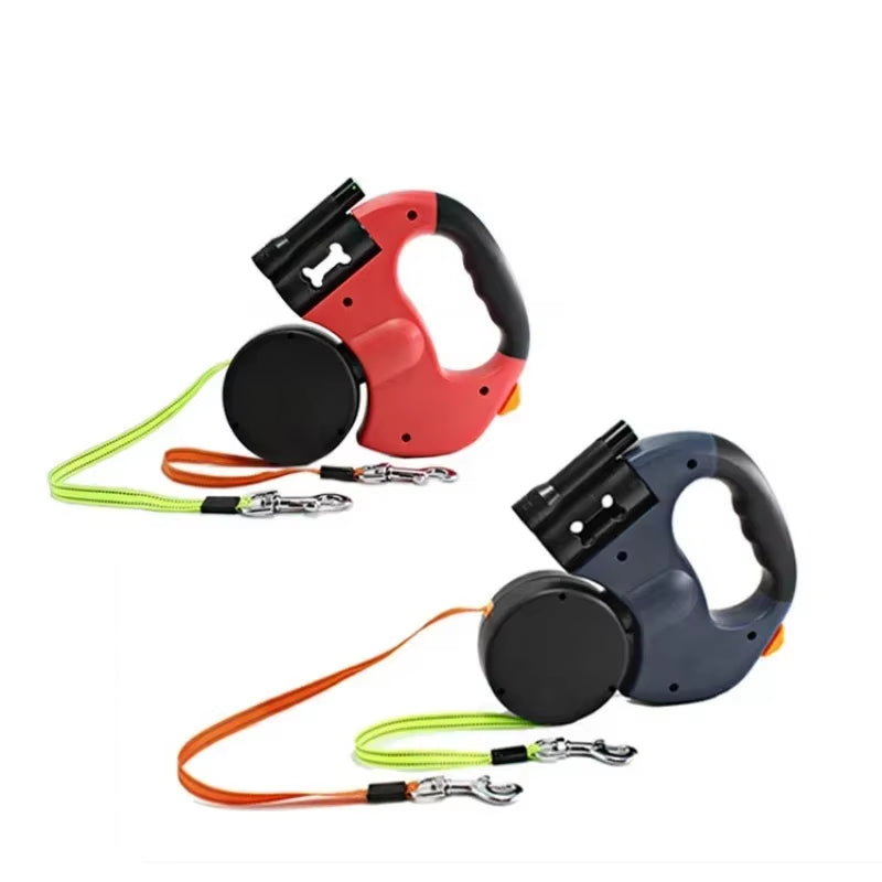 CurliPaws Dual Retractable Dog Leash — 360° Tangle-Free Double Pet Walking Chain with Built-in LED Flashlight and Poop Bag Dispenser